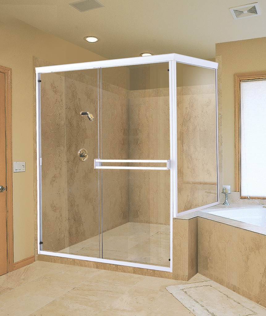 Frameless Shower Doors with white treatmen with brown and marble wall andd corner bathtub and small window