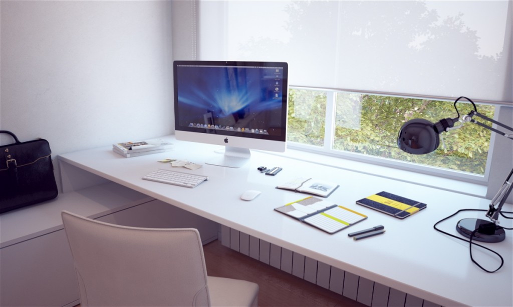 Fabulous Home Workspace Inspiration with White Designed In Modern Bespoke Desk computer over clean glass window