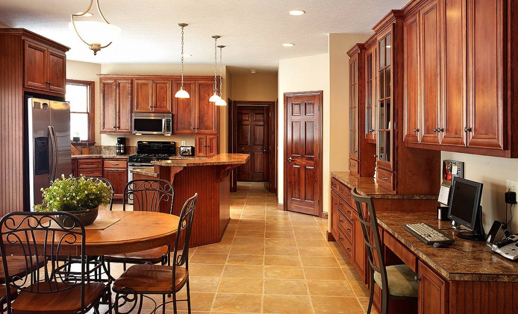 U shaped kitchen design open plan with dining room and wooden apliance and dining furniture set