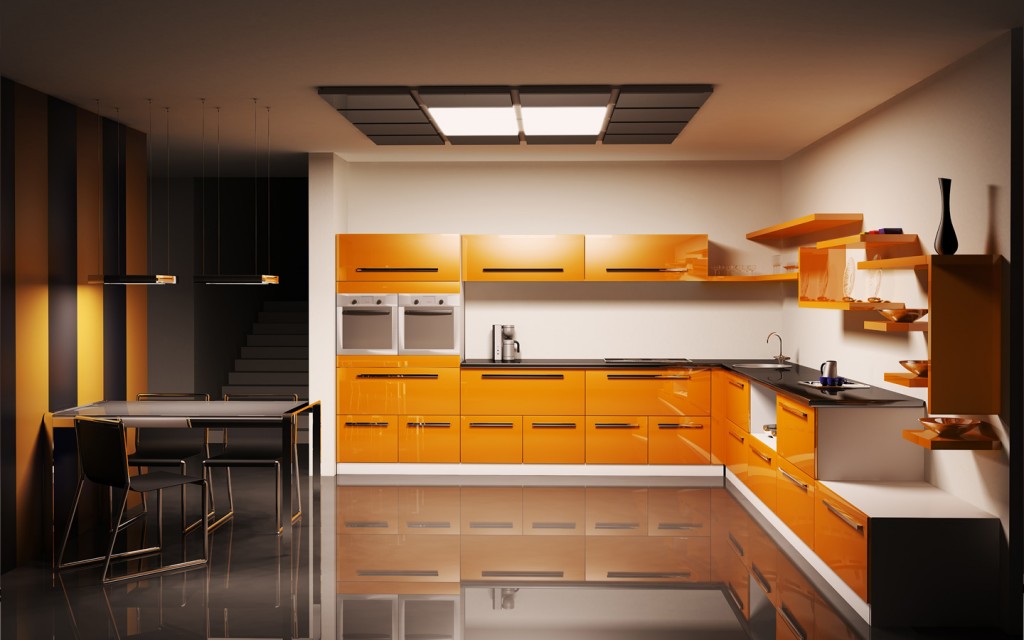 contemporary U Shaped Kitchen Layout with Smart Functional Designs with yellow apliance and black table and chair breakfast place