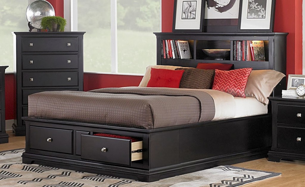 Wooden Headboard for bookshelve in modern bedroom with black bed with drawer and red wall and black nightstand