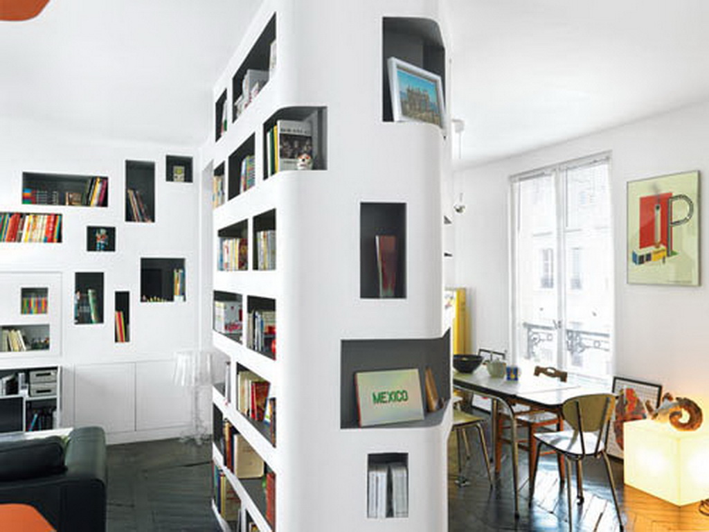 Multifunctional Studio Apartments Decorating with big bookcase black floor and white wall dining room and living room