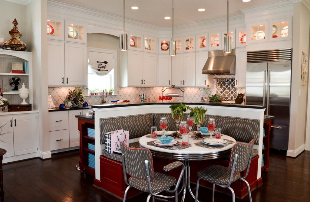 modern Kitchen Appliance Color Trends 2014 inn white with curve island with round table breakfast and grey chair