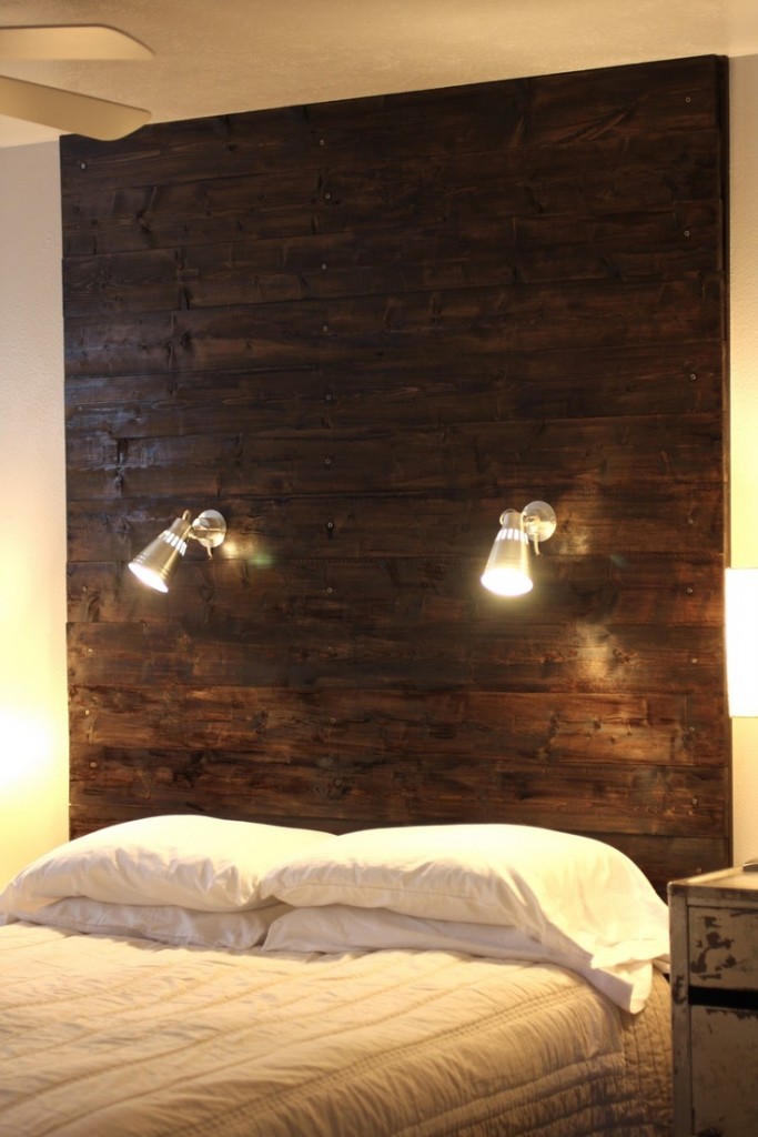 DIY Wooden Headboard Ideas with two wall lamp and DIY bedside table and lampshade