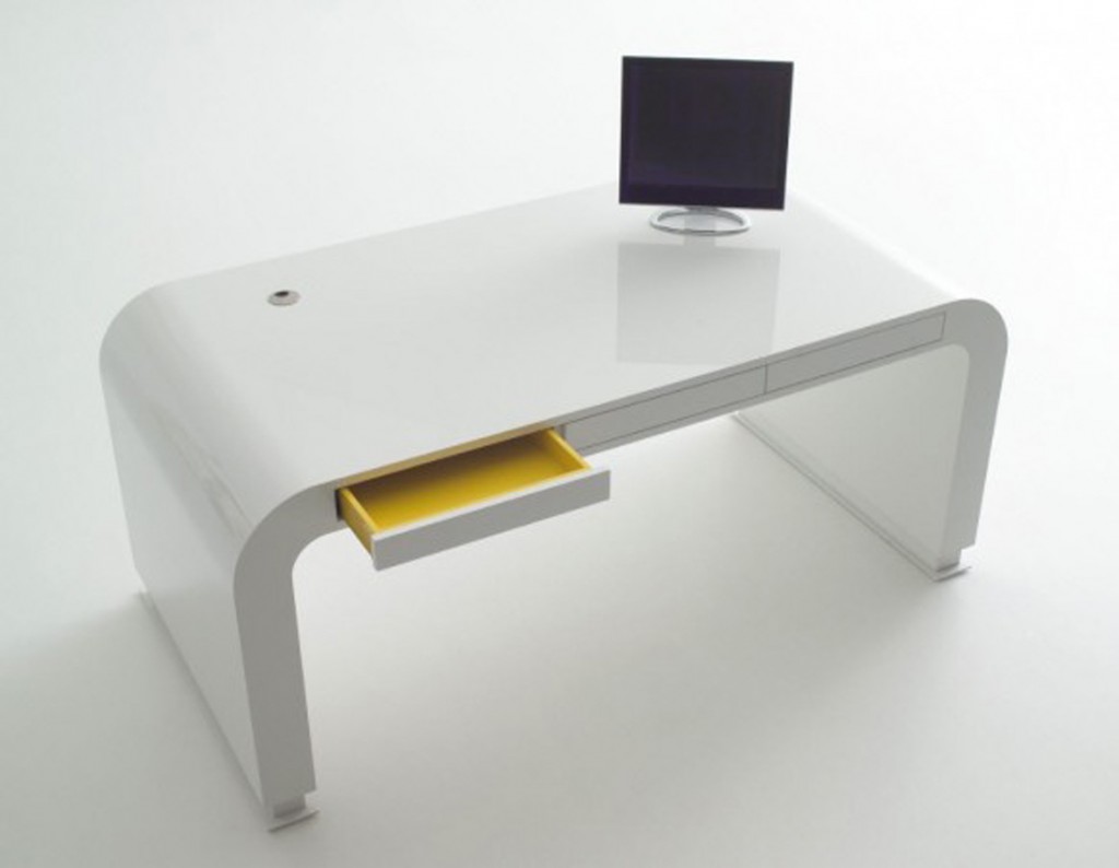 elegant glossy white computer table with breathtaking drawer with drawer with two legs