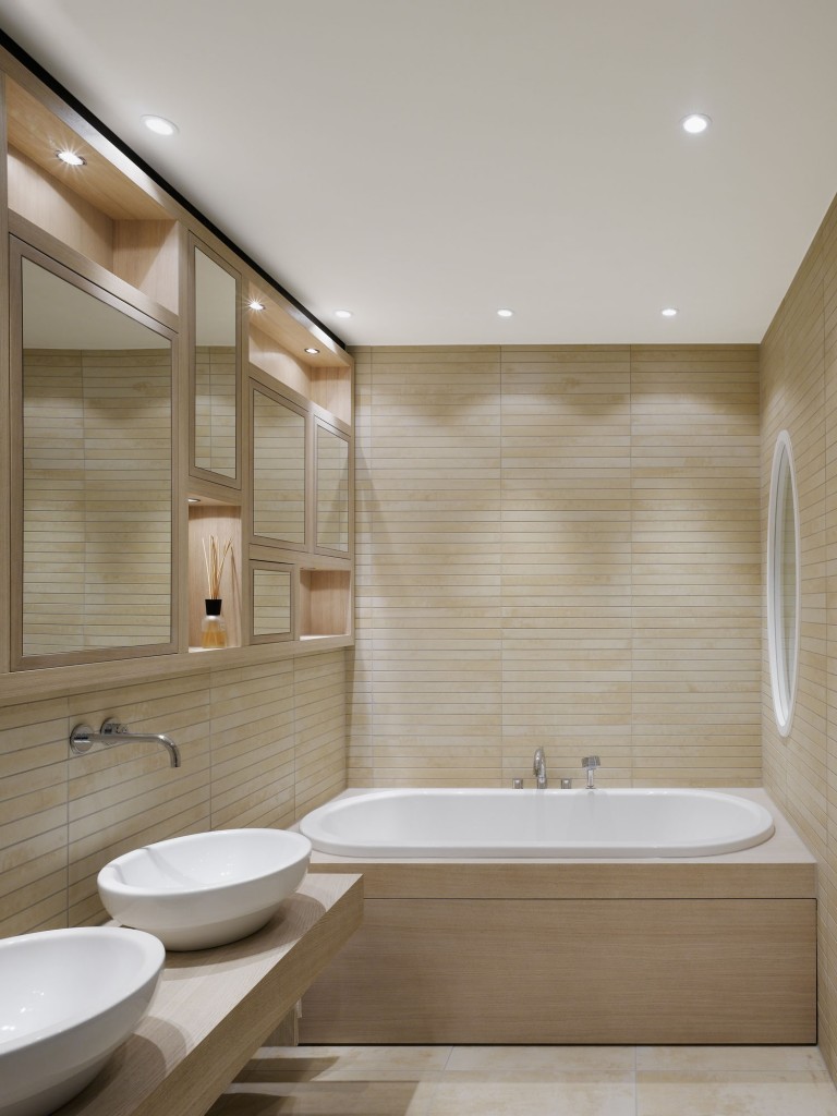 Small Bathroom Lamp Design With Pretty White Oval Bathtub wood tile wall and floor and floating vanity with double vassel