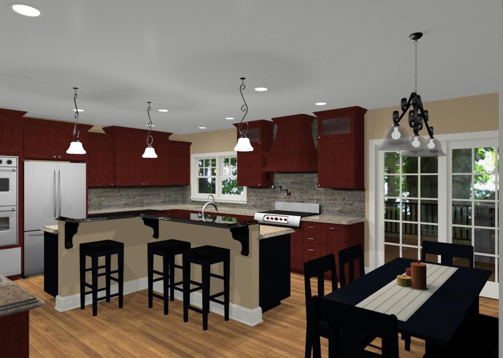 Small L Shaped Kitchen Layout Ideas Shaped Room Ideas with black island and breakfast seating with chandlier and laminate wood floor
