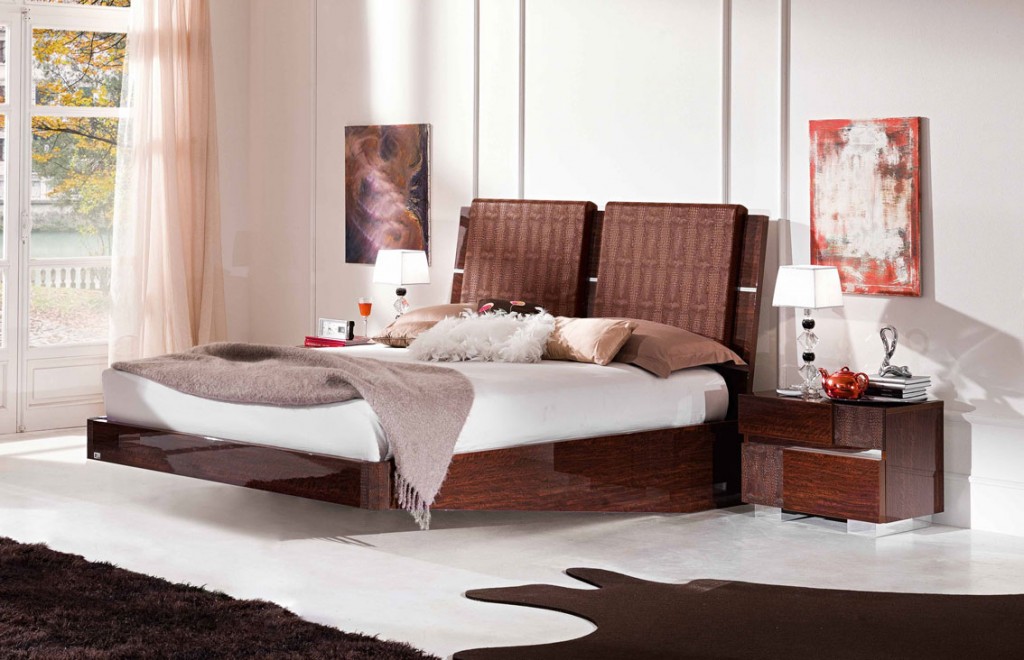 Couple Wooden Headboard Design For Artistic Bedroom with simple nightstand and white wall black rug