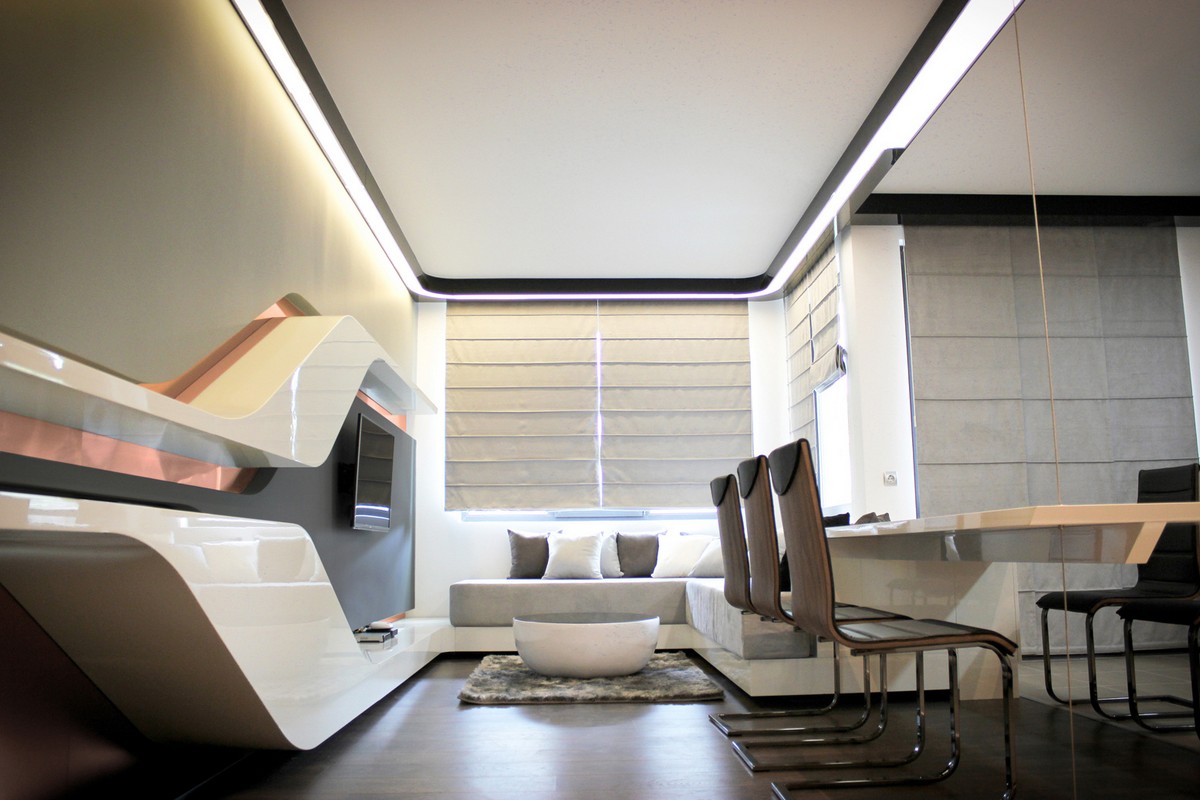 futuristic approach to private home in bulgaria with white sofa combined with dining room ultra modern desk ceiling lighting