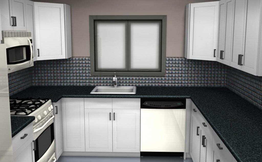 Beautiful U shaped Kitchen Modern white apliance with black countertop and mosaic backsplash and floating shelve