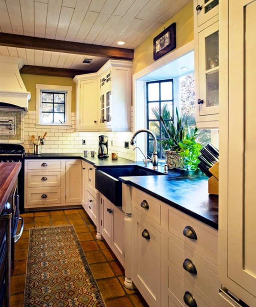 L shaped modern Kitchen with classic white Appliance Color Trends 2014 with black countertop and inground faucet