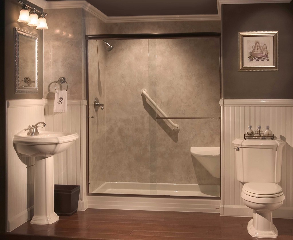 luxury walk in shower ideas for bathrooms with bathtub with small vanity with mirror and wall lamp