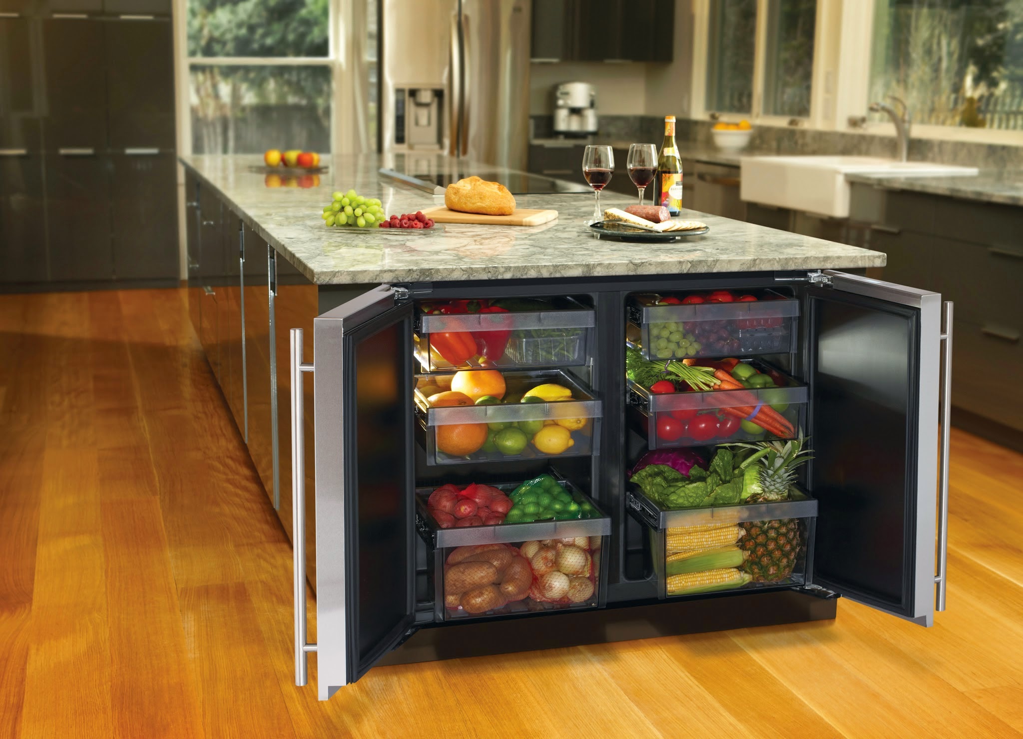 modern Kitchen Appliance Trends Colors and Design with black paint and awesome hidden refrigerator and laminate wood floor