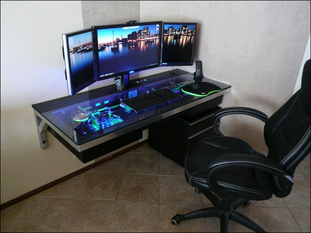 floating Computer desk Integrated into a Desk with glass top and drawer with tree screen