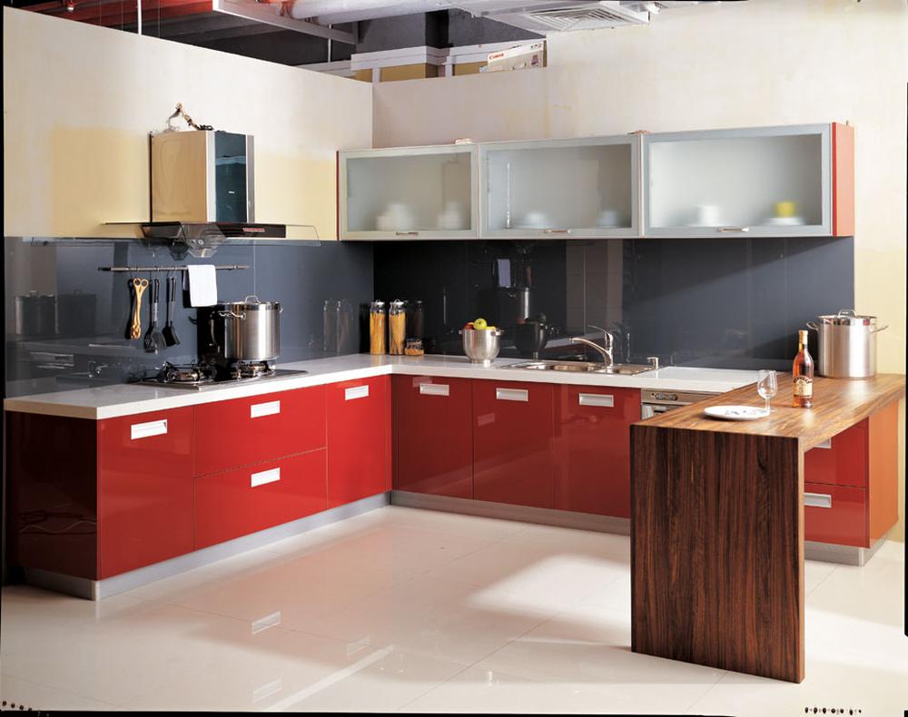 amusing u shape kitchen design with red apliances black backsplash and wooden table single side led