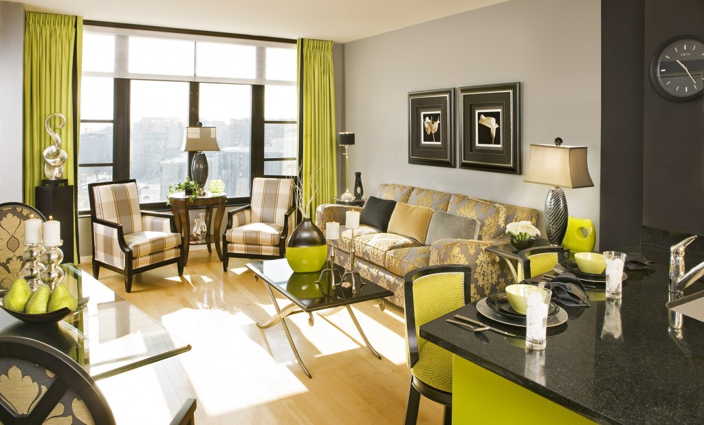 stylish Kitchen with green Appliance Color Trends open plan with living room with cream sofa and wooden floor
