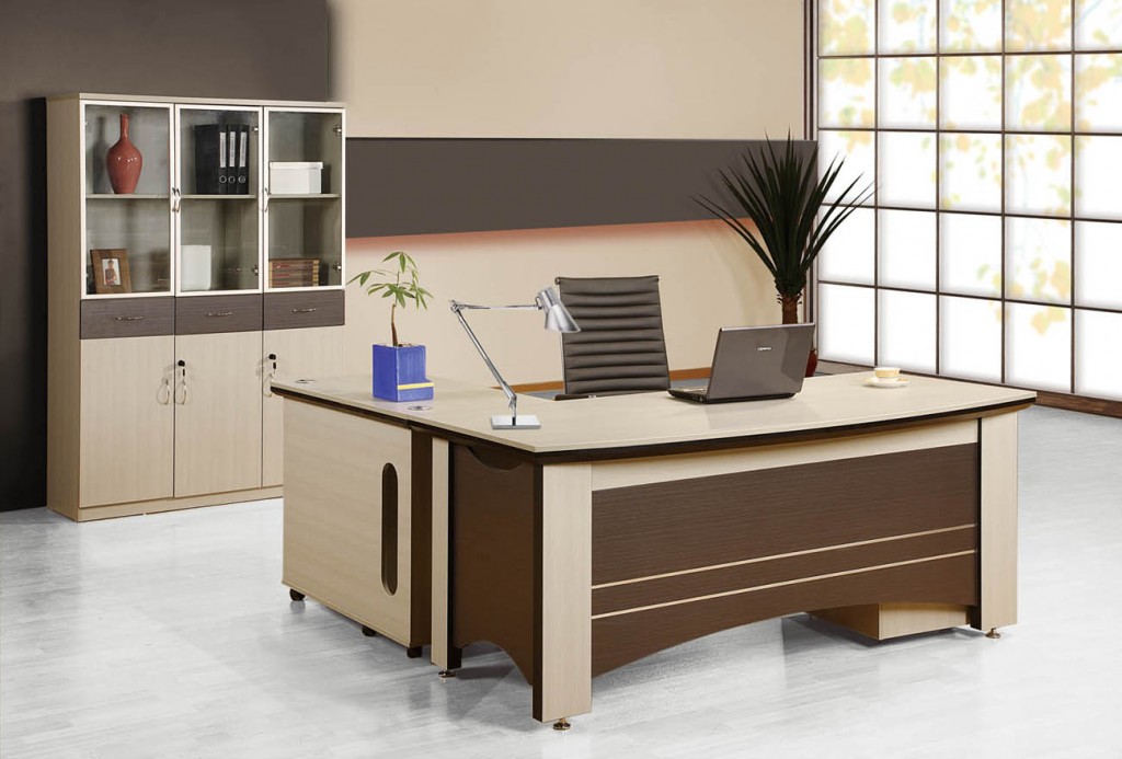 cool neat white marble floor with charm futuristic l shaped desk with brown and cream color with table lamp