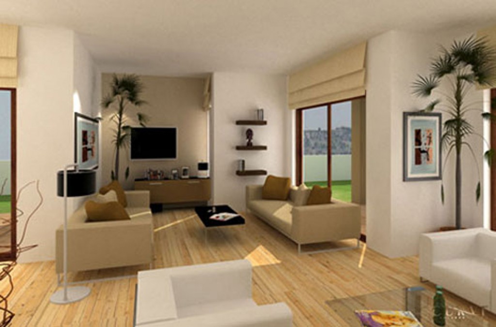 Small Apartment Ideas living room with two set sofa with white and brown color and laminate wood flooring with indoor lant
